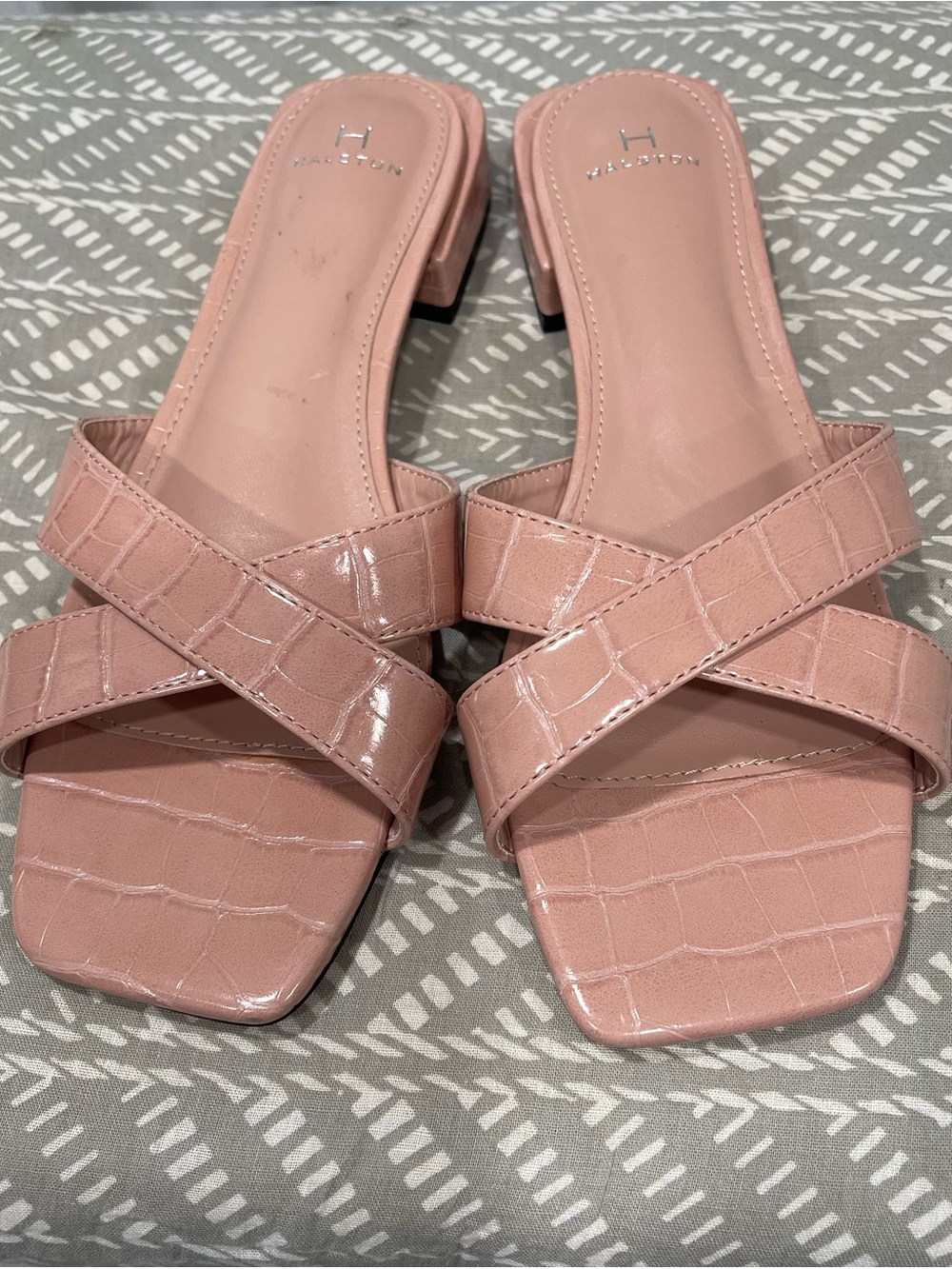 H by Halston Blush Pink Croc-Embossed Cross-Strap Slide Mules